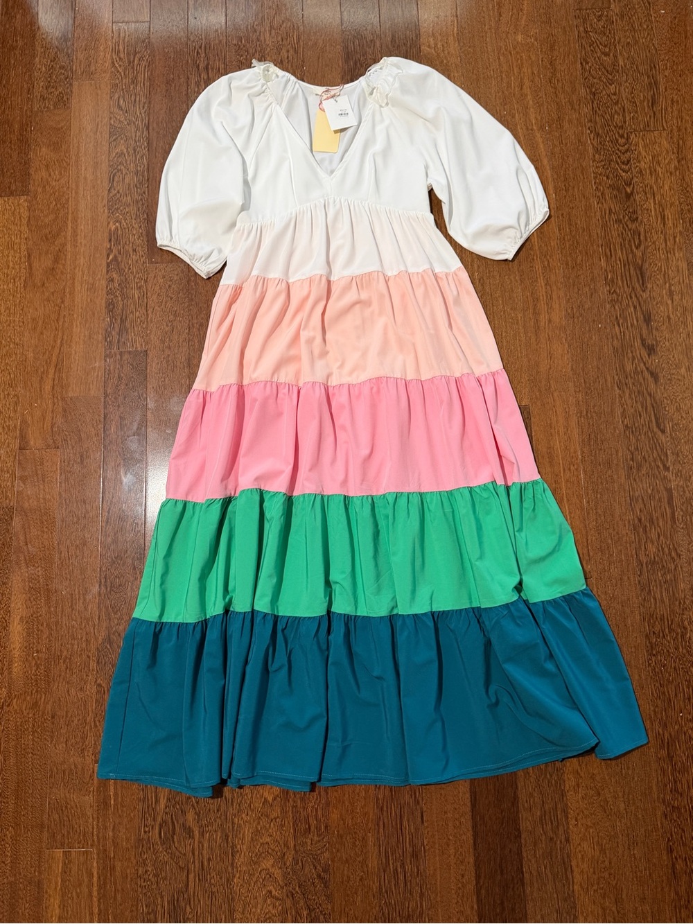 entro Tiered Colorblock Maxi Dress in White, Pink, Green, Teal